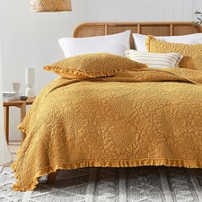 Yellow Ruffled Quilt Queen Size, Stone-Washed Microfiber Lightweight Crinkled...