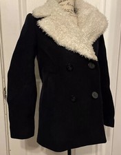 Sandro Navy Coat Shearling Collar - Size 36 Tags Attached $795 Retail Offers Pls