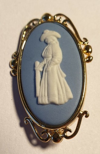 Broche vintage de madera de cuña cameo joyería azul y blanco con estampado 925 - Imagen 1 de 5