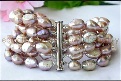 6 Rows 8-9mm Natural Lavender Purple Freshwater Baroque Pearl Bracelet 7.5'' - Picture 3 of 4