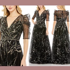 NWT Mac Duggal [ 8 ] 20428 Embellished Gathered Puff Sleeve Wrap Gown Blac J1484