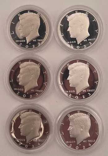 2022 2023 2024 Kennedy Half SS 3 Clad & 3 Silver Proofs in Air Tight Holders