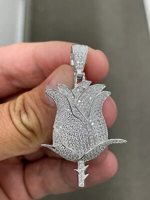 Solid 925 Silver 2.20Ct Lab Created Diamond Rose Flower Pendant Hip Hop