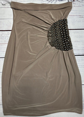 Forplay Womens Strapless Mini Sheath Dress Size Medium Beige Stretch Beaded New