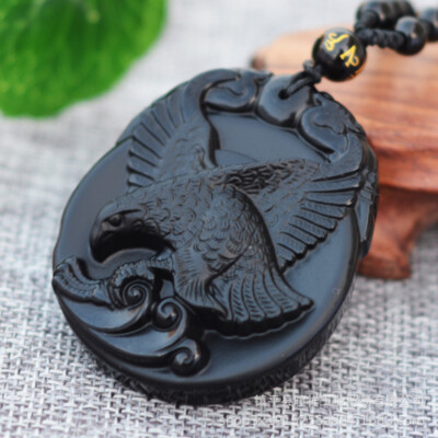 Natural Black Obsidian Eagle spreads its wings necklace pendant with bead chain