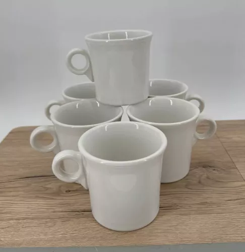 Set of 6 White Fiesta Ware Coffee Mugs Cups O Ring Handle Homer Laughlin EUC