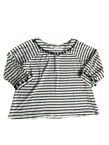 Boden Women's Size 12 Breton Navy Stripe Pom Pom Boat Neck Jersey Shirt #H10-4