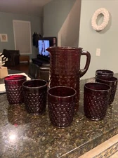 Ruby Red Hobnail Glass Set With Pitcher.