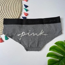 Victoria's Secret PINK Logo Hipster Panty Grey w/ Logo Script Foil Small NEW