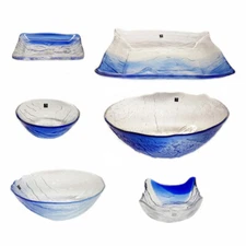 Set of 2 Blue & Clear Glass Dinner Serving Plate Soup Bowl Appetizer Salad Bowl