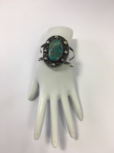 Rare Estate Silver 56g Native Natural Turquoise Vintage Bangle Gem Stone Antique - Picture 5 of 9