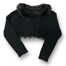 Girls Black Cardigan with Fur Collar  Tulle Ruffle Hem Cropped Sweater, 5 / 5T
