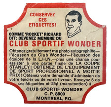 1963 Wonder Bread Maurice Richard French Version Bread Label Vintage Hockey NHL
