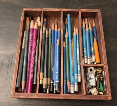 Vtg Wood Desk Drawer Tray W/ Pencils Drafting Mechanical Grease Lumograph Artist