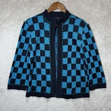 Ming Wang Knit Jacket Womens Small Black Turquoise Checkered 3/4 Sleeve Cardigan