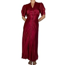 Vintage 1930s Liquid Satin Gown Quilted Floral Bias Cut Maroon Lounge Dress Gown