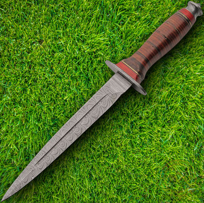Damascus Square Commando Fixed Dagger 8'' Damascus Steel Blade Leather Handle