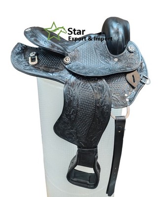 Hand-Tooled Black Leather Western Horse Saddle with Deep Seat, Engraved Floral