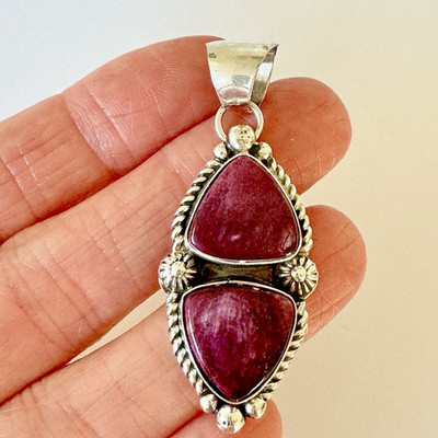 Navajo Pendant Purple Spiny Oyster Two Stone Signed R Shakey 2in Sterling Native