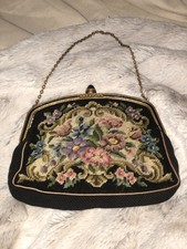 VINTAGE PETITE NEEDLEPOINT BLACK FLORAL ROSES PURSE