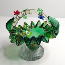 Vintage Murano Style Glass Basket Hand Blown With Floral Details READ