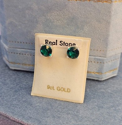 9ct White Gold Emerald Birthstone Solitaire Stud Earrings Solid 6mm