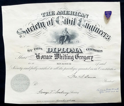 14K Gold American Society of Civil Engineers Pin 2.8g & 1926 Diploma Cutout