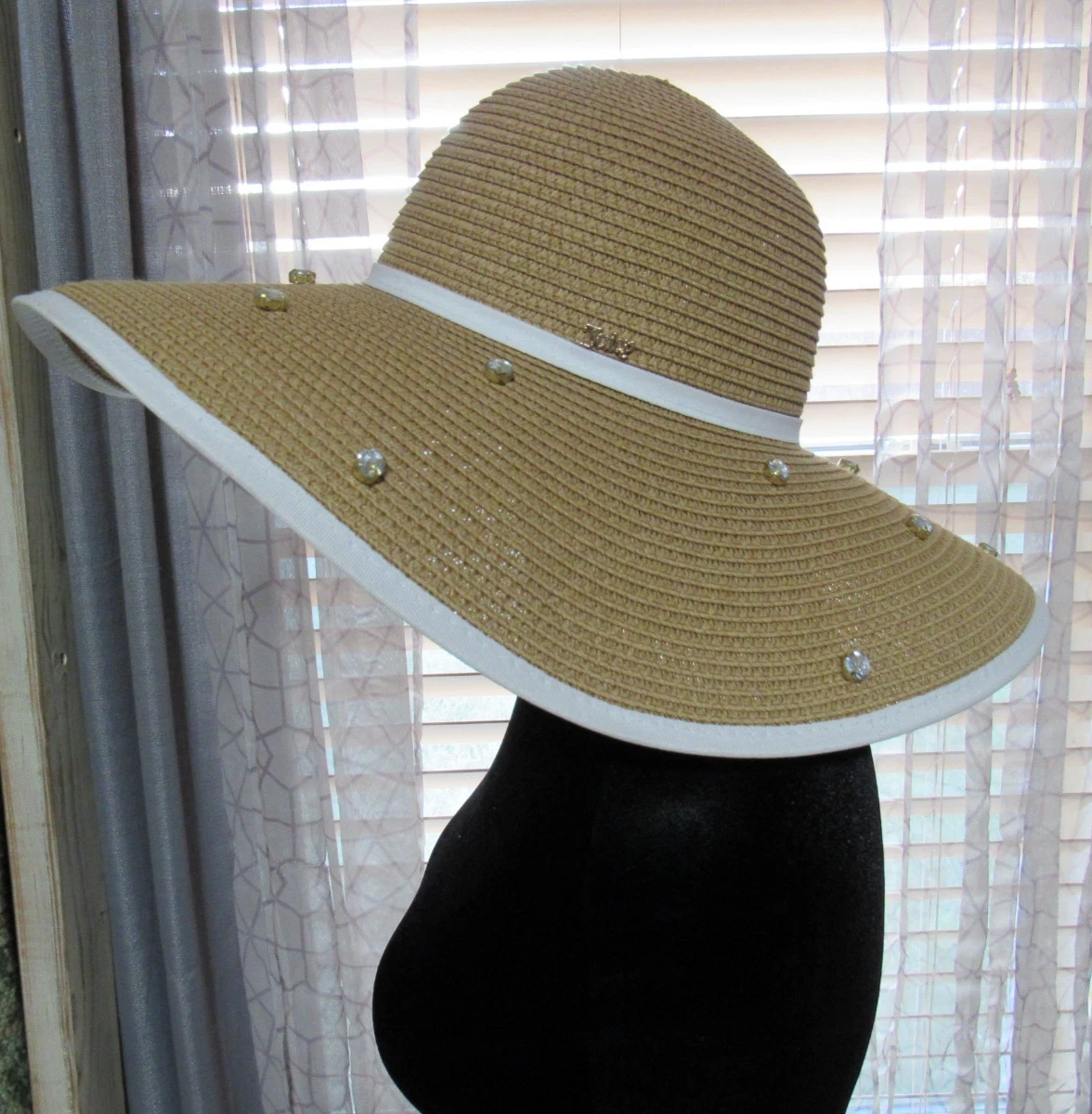 Juicy Couture Tan Straw Floppy Hat White‎ Trim & Rhinestone Gems NWT Juicy Couture Tan Straw Floppy Black Trim & Rhinestone Gems  main image 2