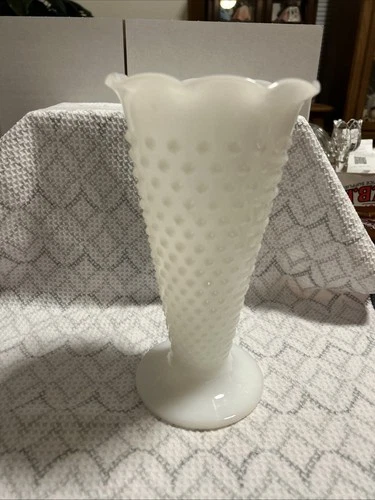 Vtg Anchor Hocking White Milk Glass Hobnail Trumpet Vase 9.25" Tall Ruffled Edge