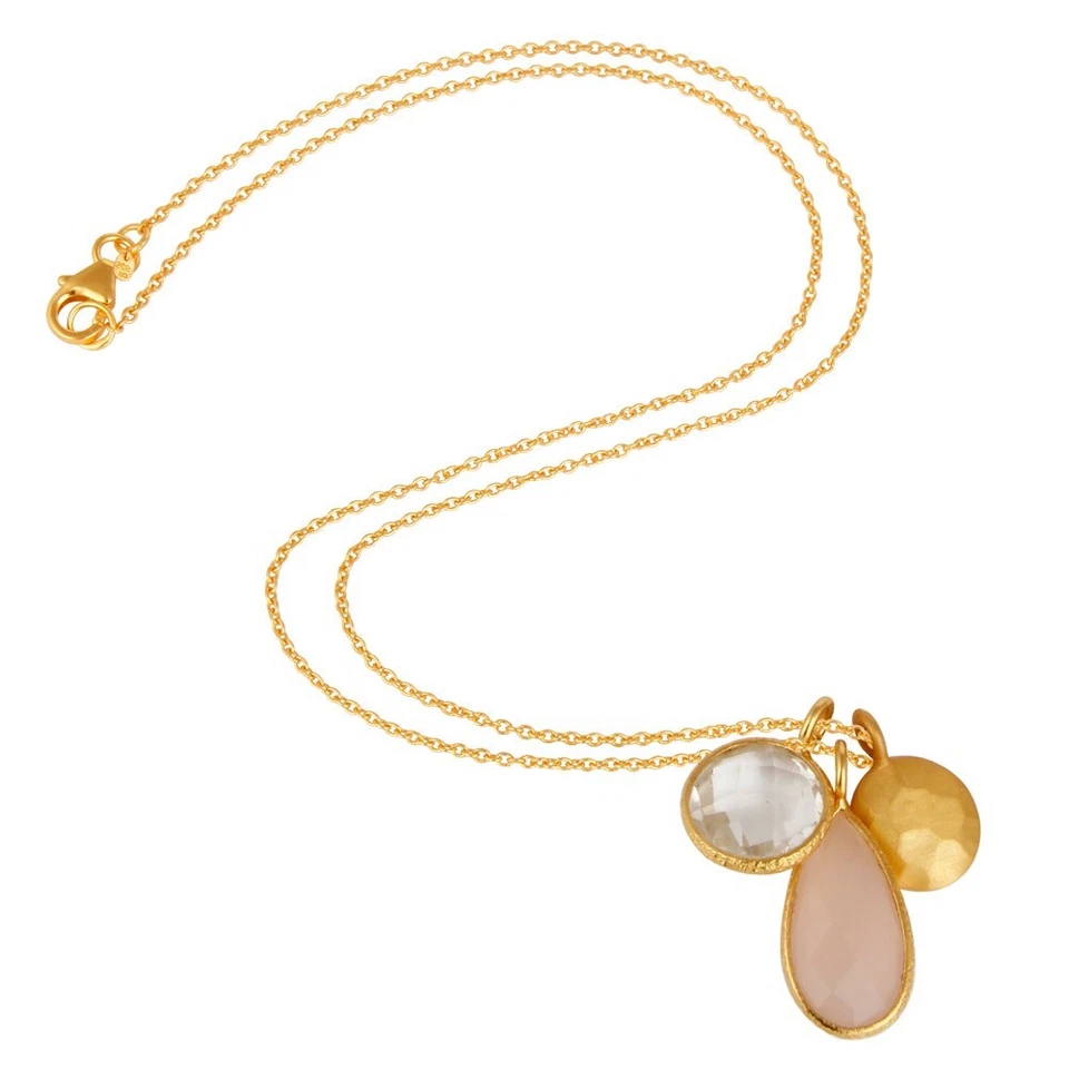 Collar colgante con dije de disco de cuarzo y calcedonia rosa de oro amarillo para regalo de madre Foto 2 de 3