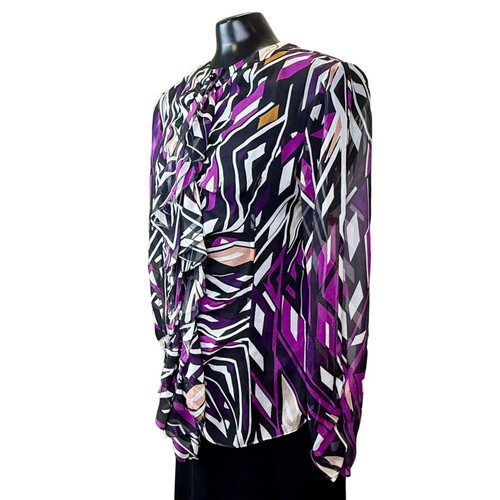 Vtg DVF Diane Von Furstenberg Blouse Geometric Ruffle Silk Long Sleeve Size 10 - Picture 6 of 10
