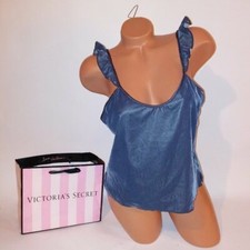 Victoria Secret Camisole Tank Top Small Velvet Ruffle Blue Gray Sleepwear New