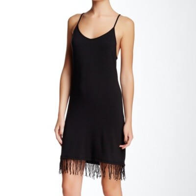 Threads 4 Thought Women's Stretchy Lightweight Fringe Tank Dress, Solid Black, M