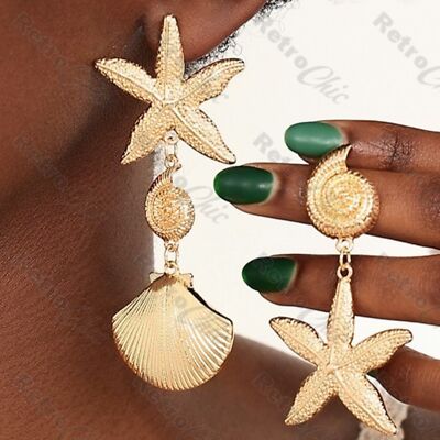STARFISH mismatch STATEMENT DROP EARRINGS 8cm long DANGLE seashell