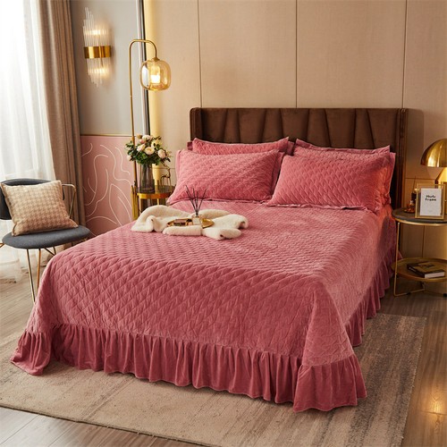 Plaid Quilted Velvet Bedspread with Ruffles Queen Size Coverlets Thick Soft 3PC - Picture 52 of 70
