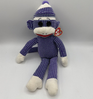 Ty Beanie Buddy Purple Quilted SOCKS MONKEY Medium 16'' MWMTs Stuffed Animal Toy