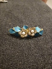 Vintage Blue White Gold Tone Faux Pearl Flower Barrette Hair Clip