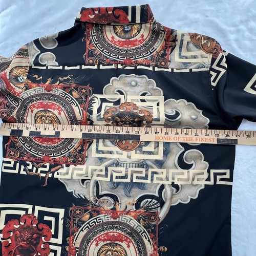 Pavini Designer Shirt Mens XL Black Lions Head Feng shui Foo Dog Knocker Silky - Picture 11 of 19