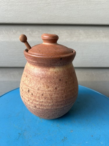 Brown Speckled Honey Pot Rustic Hand Thrown Art Pottery Jar And Dipper 6" Signed