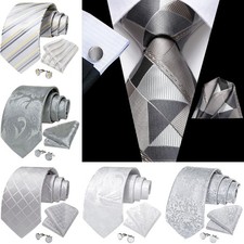 Men Silver Tie 3 Pieces Necktie Pocket Square Cufflinks Multicol Wedding Party