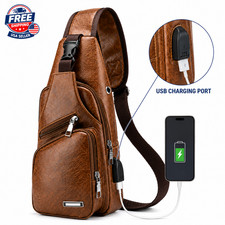 Men's Brown Leather Sling Bag Crossbody Chest Backpack USB Charging Port Travel