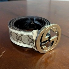 Gucci Men's Adjustable Buckle Belt Brown Beige Logo Print Designer Classic