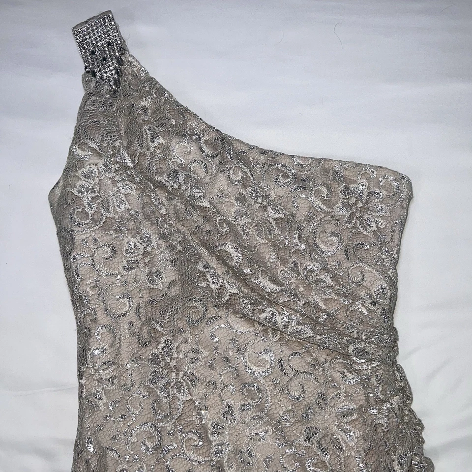 Calvin Klein Formal Dress Size 4 Champagne Lace One Shoulder Side Ruching Prom - Image 2 of 4