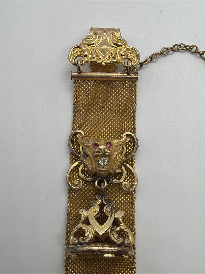 Antique Victorian Gold Filled Mesh Pocket Watch Chain & Jeweled Lion & Fob - Image 3 of 4