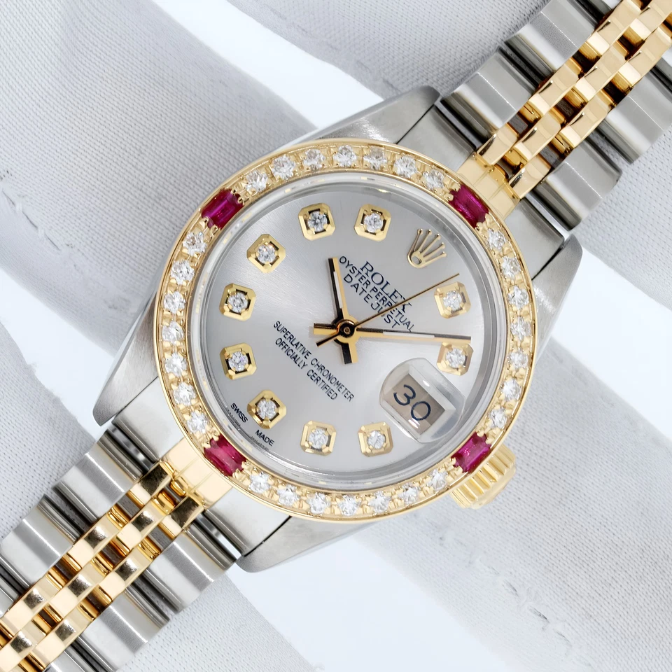 Rolex DateJust Silver Diamond Lady Watch Steel and 18k Gold Diamond Ruby Bezel - Image 2 of 4