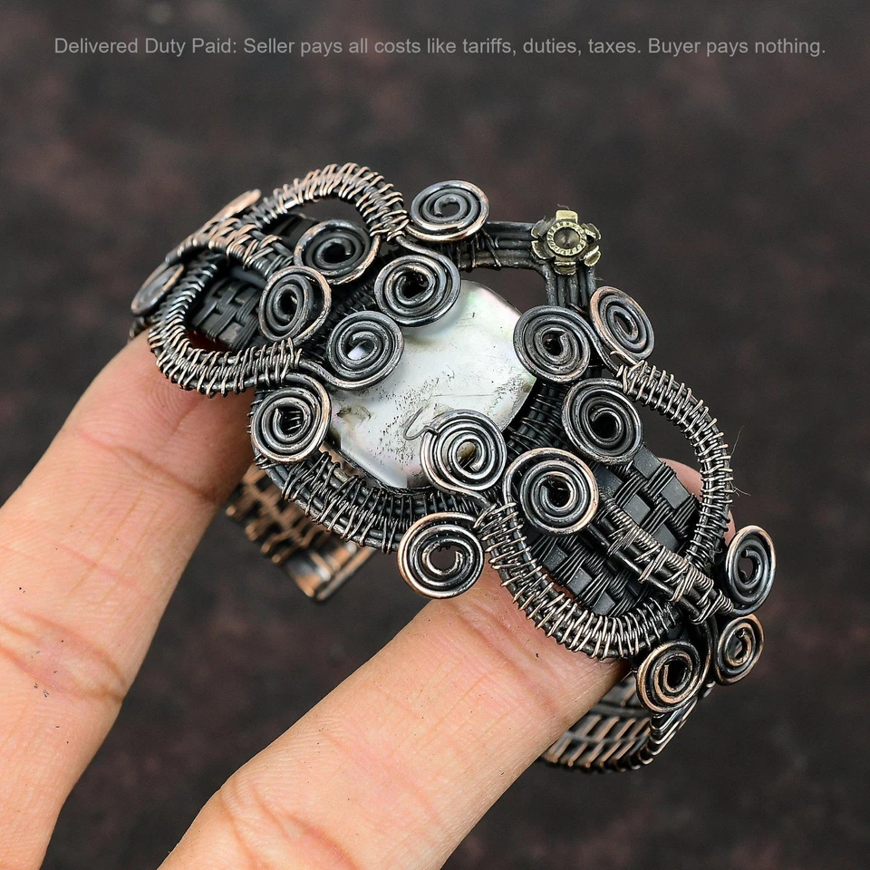 Cobre Radiante Negro Madreperla Piedra Boda Alambre Envuelto Nuevo Brazalete Joyería Foto 3 de 4