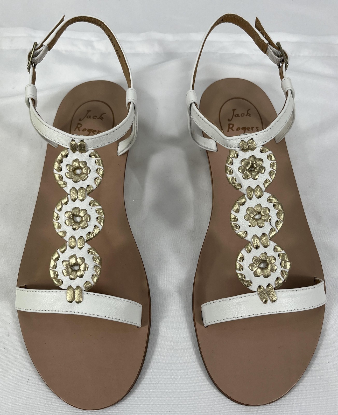 Jack Rogers Eve Strappy Sandals Womens Size 7.5 White Gold Leather Medallion