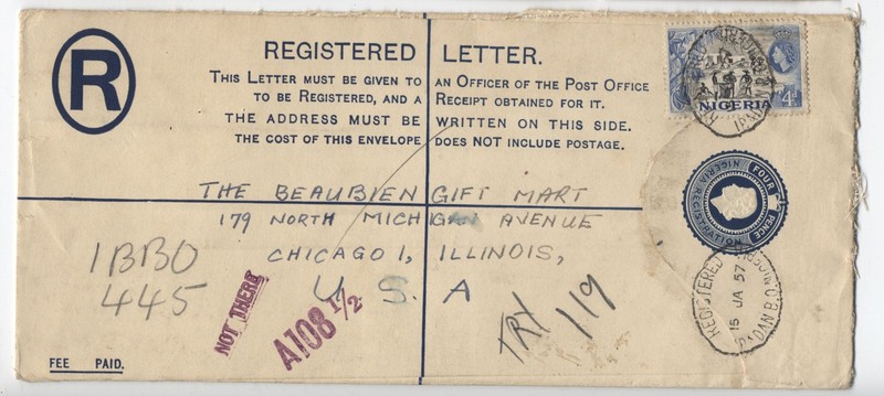 1957 Nigeria used registered envelope to USA [y10768]