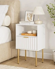 Nightstand,Modern Bedside Table with Gold Frame,White Night Stand,Bedside Fur...