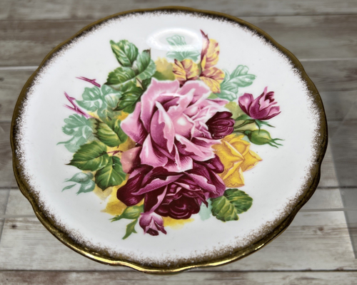 Vintage Windsor Footed Bone China Tea Cup & Saucer Yellow Pink Rose Gold England - Bild 3 von 15